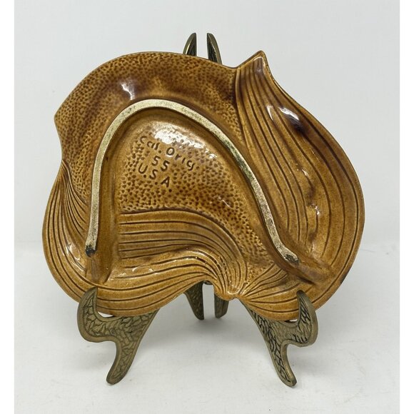 Vtg CALIFORNIA ORIGINALS LEAF ASHTRAY #55 Golden Avocado Ceramic Art Pottery MCM - Picture 2 of 11